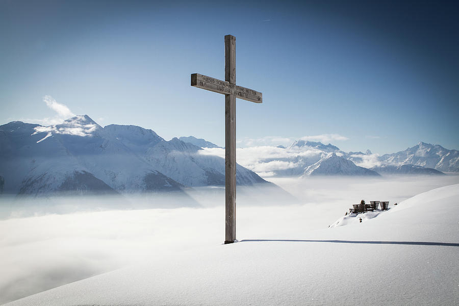 Cross, Fog And A Lot Of Mountains Photograph by Frederic Huber Photography
