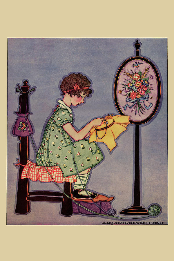 Cross-stitching Girl Painting by Mary Sherwood Wright Jones