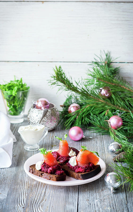 Crostini With Beetroot, Salmon And Sour Cream Photograph by Irina Meliukh