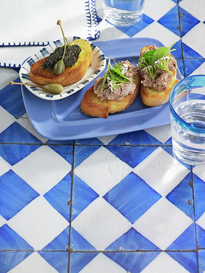 Crostini With Chicken Liver Pâté And With Olive Tapenade Photograph by ...