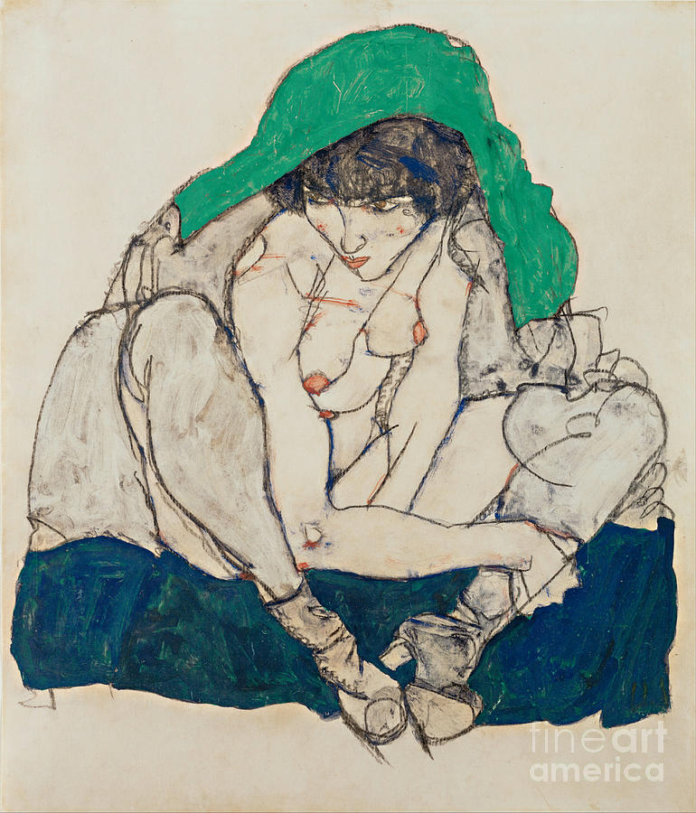Crouching Woman With Green Headscarf Drawing by Heritage Images