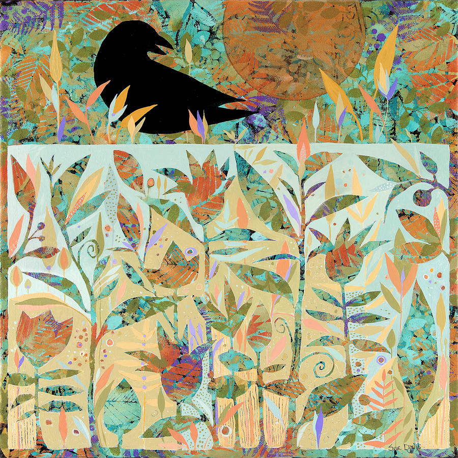 Bird Painting - Crow And Copper Moon by Sue Davis
