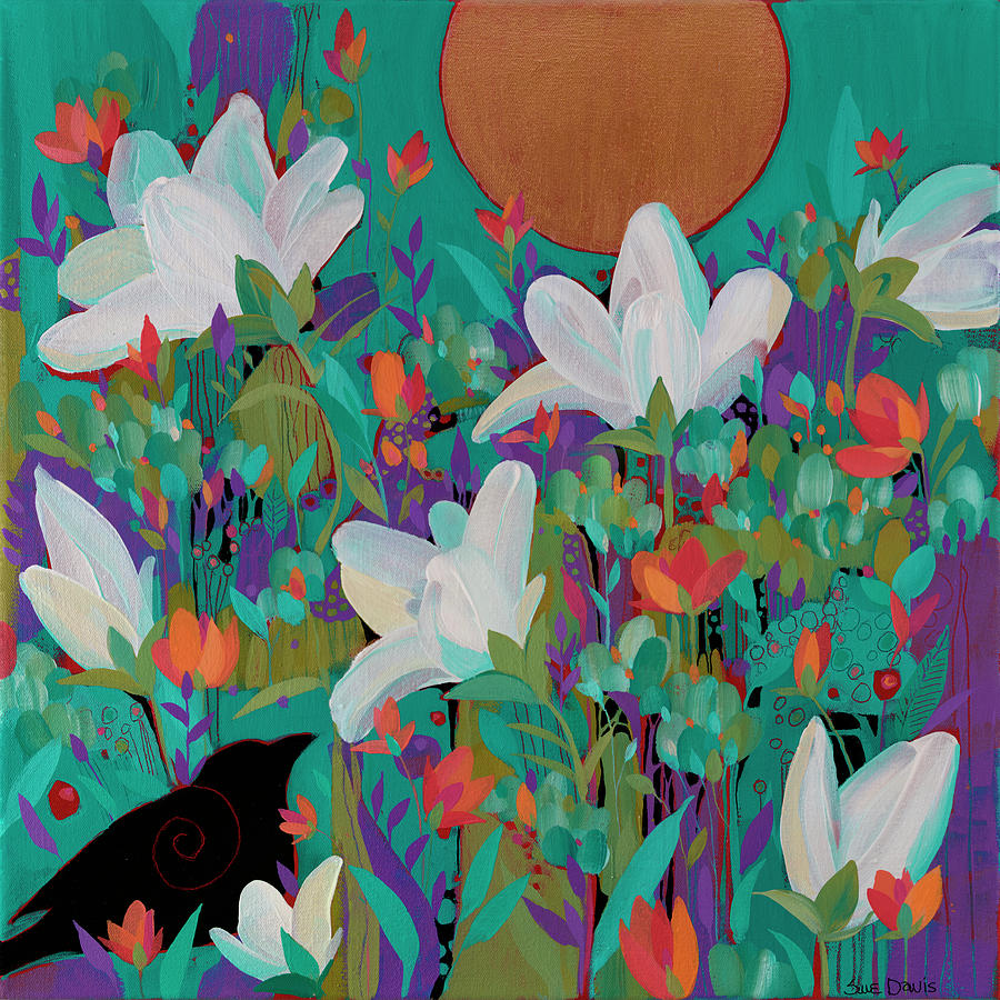 Crow Painting - Crow And White Flowers by Sue Davis