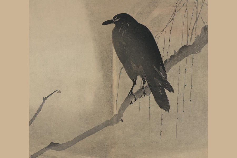 Crow on a willow branch Painting by Okuhara Seiko