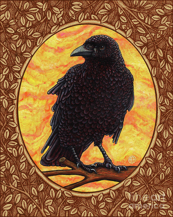 Crow Portrait - Brown Border Painting by Amy E Fraser