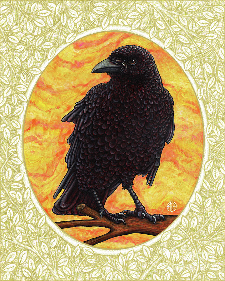 Crow Portrait - Cream Border Painting by Amy E Fraser