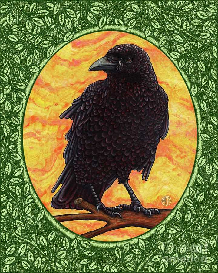 Crow Portrait - Green Border Painting by Amy E Fraser