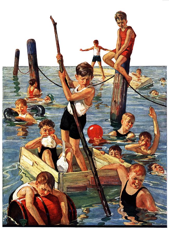Crowd Of Boys Swimming Drawing by Eugene Iverd