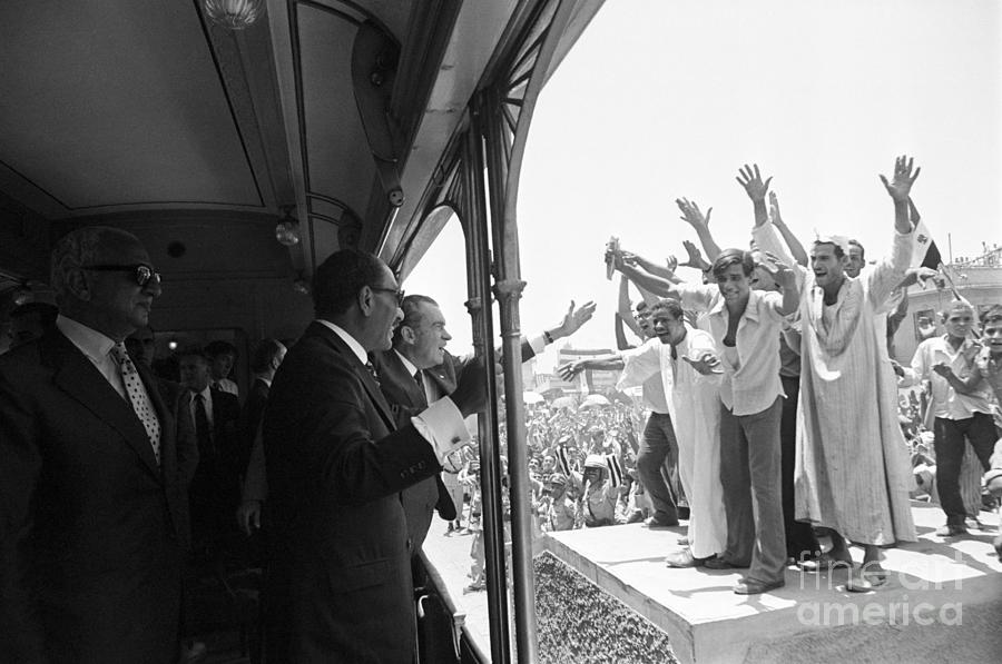 Crowd Waving At Nixon & Anwar Sadat Photograph by Bettmann