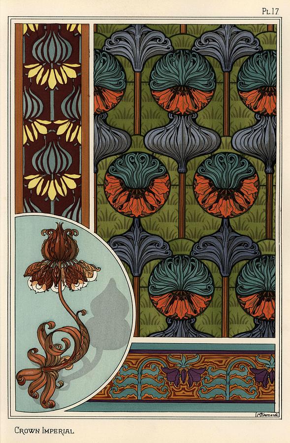 Eugene Drawing - Crown imperial flower, Fritillaria imperialis, in wallpaper and fabric patterns, and as design fo... by Album