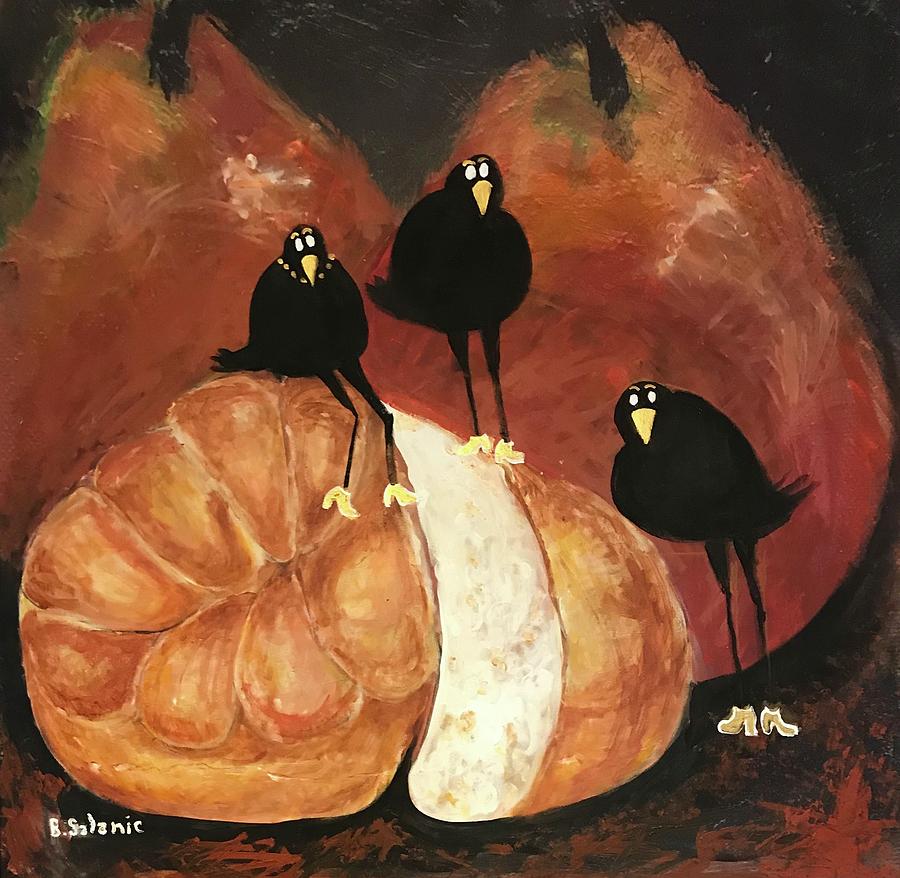 Crows found the bread Painting by Barbara Szlanic