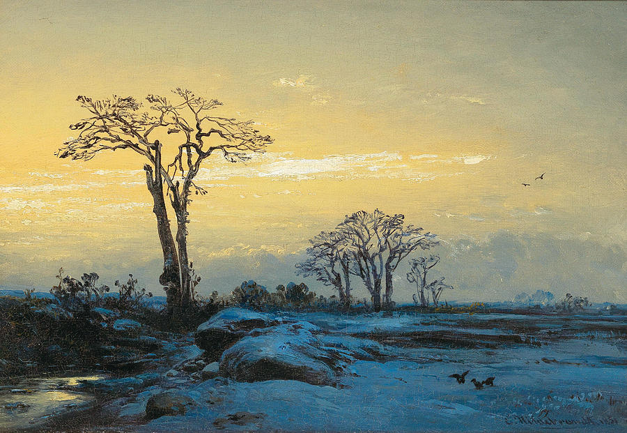 Crows in an Open Winter Landscape Painting by Eduard Hildebrandt