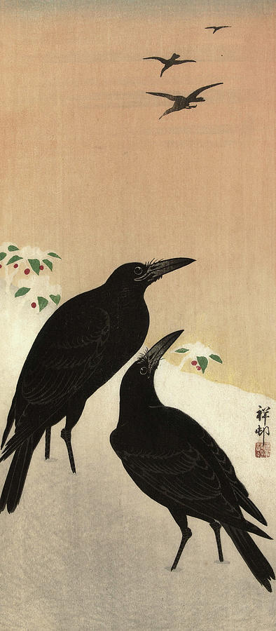 Crows art prints and art posters Screaming Crow on a Snow Branch Ohara Koson FINE ART PRINT Japanese birds art prints woodblock prints