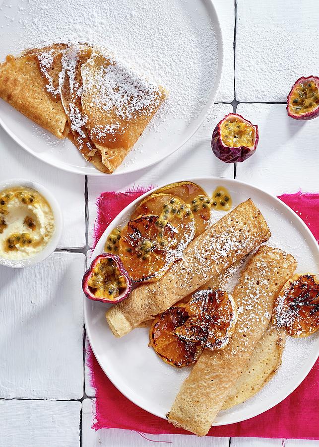 Crpes With Pan-fried Orange, Pear, Caramel And Granadilla Photograph by Great Stock!