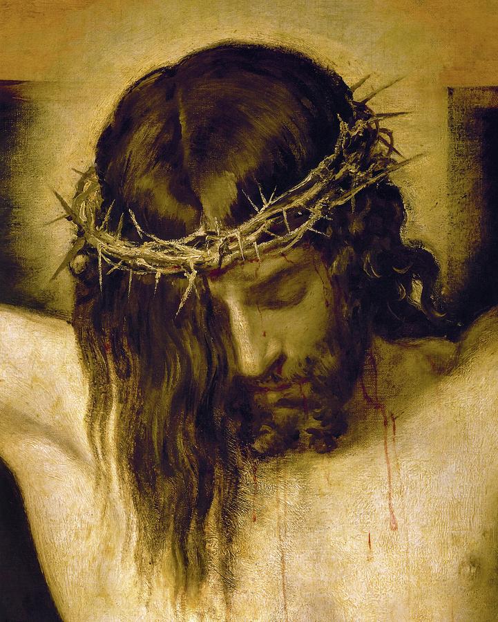Crucified Christ -detail of the head-. Cristo crucificado. Madrid, Prado museum. DIEGO VELAZQUEZ . Painting by Diego Velazquez -1599-1660-