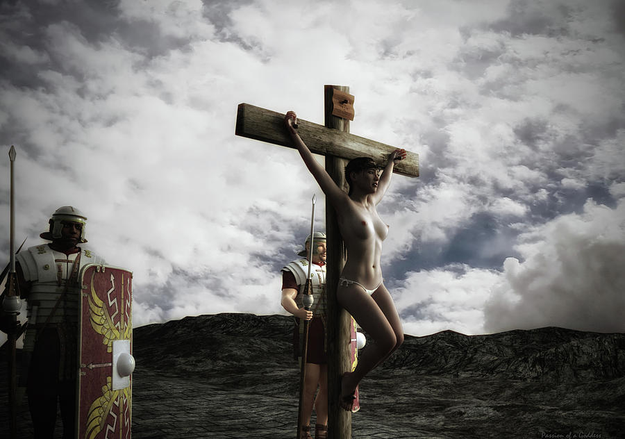 Crucifixion Digital Art - Crucifixion scene at sunset by Ramon Martinez.