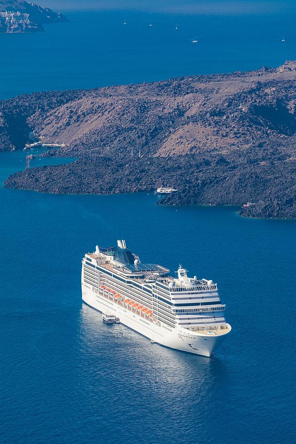 Greek Photograph - Cruise Ship Near Santorini, Summer by Levente Bodo