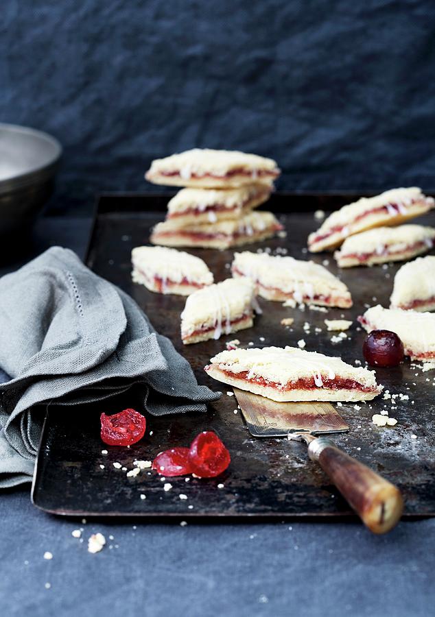 Crumbly Marzipan And Cherry Biscuits On A Baking Tray Photograph by Jalag / Christine Bauer