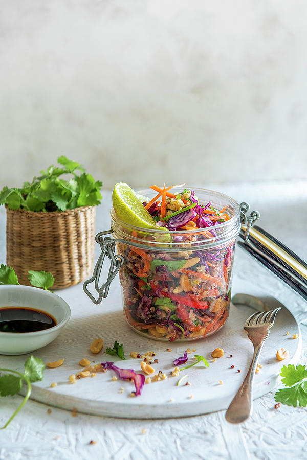Crunchy Salad With Shredded Cabbage, Spring Onion, Carrots, Coriander, Quinoa With Paenut And Lime Soy Dressing Photograph by Magdalena Hendey