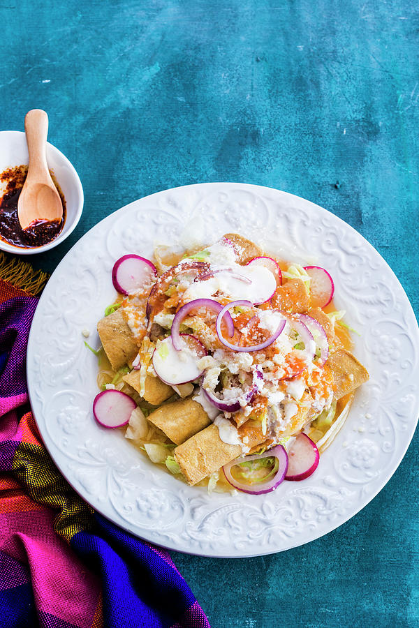 Crunchy Tortilla Tacos Rolled, Filled With Chicken And Served With ...