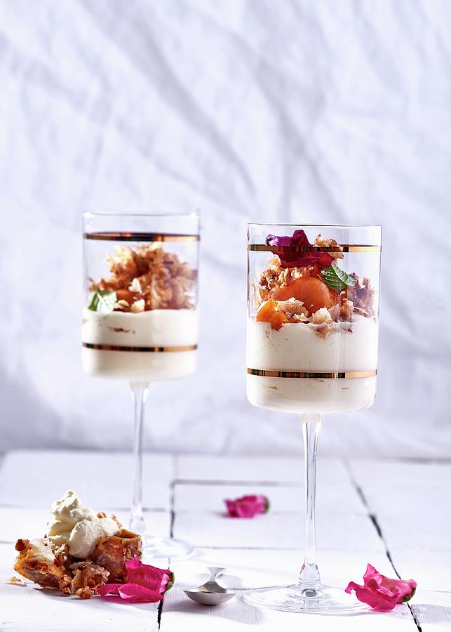 Crushed Baklava With Lemon Cream And Poached Apricots Photograph by Great Stock!