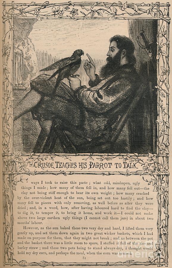 Crusoe Teaches His Parrot To Talk Drawing by Print Collector Crusoe Teaches His Parrot To Talk Drawing by Print Collector
