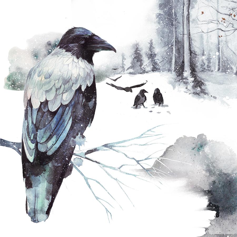 Crow Painting - Cryptical Crows In The Whispering Winter Woods by Little Bunny Sunshine