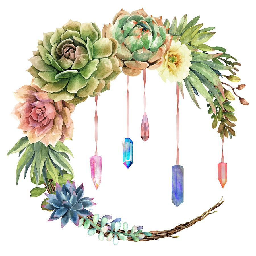 Nature Painting - Crystal Crescent Moon With Lovely Succulents by Little Bunny Sunshine