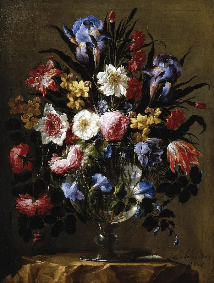 Crystal Flower Vase, 1668, Spanish School, Oil on canvas, 83 cm x 62 cm, P07... Painting by Juan de Arellano -1614-1676-