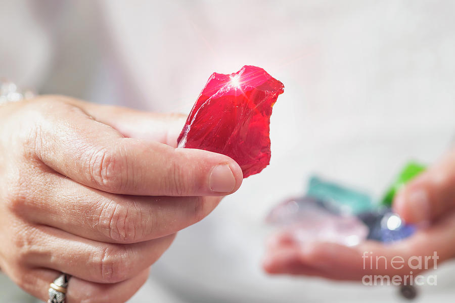 Crystal Photograph - Crystal Healing Therapy With Red Andara Crystal by Microgen Images/science Photo Library