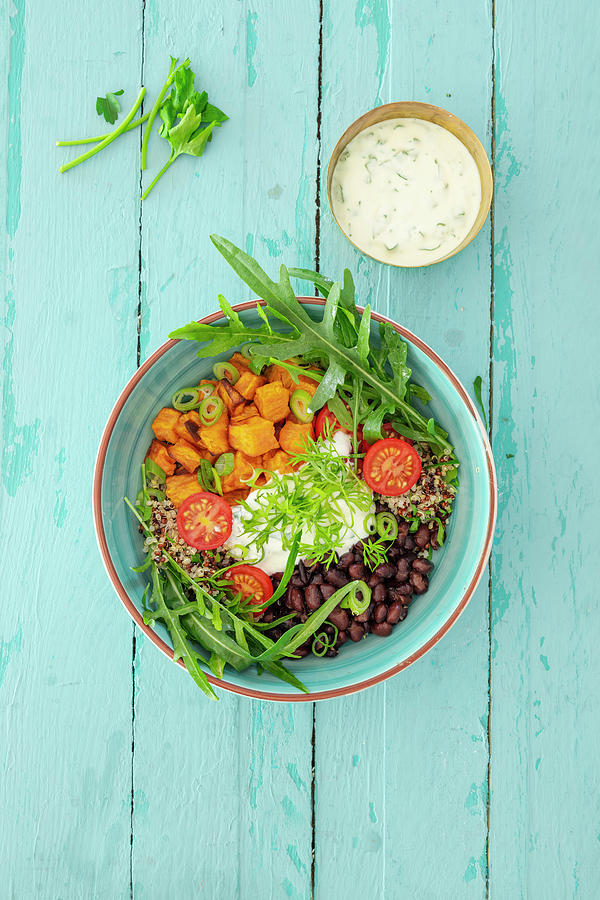 Cuba Bowl With Quinoa, Beans, Tomatoes, Rocket And A Coriander Dip Photograph by Jan Wischnewski