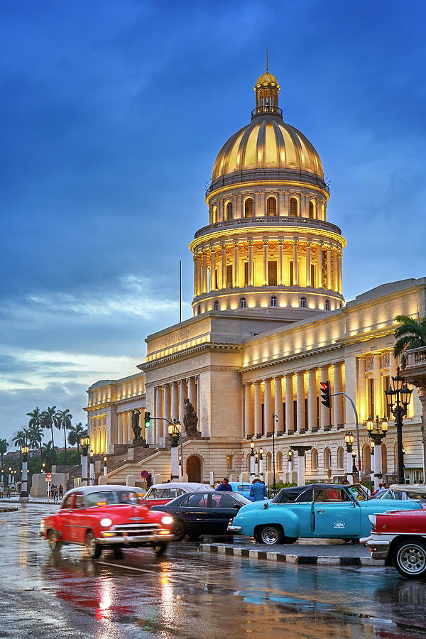 Image Digital Art - Cuba, Havana Province, Havana, Centro Habana, Old American Car In Front Of El Capitolio, The National Capitol Building At Dusk by Jan Wlodarczyk