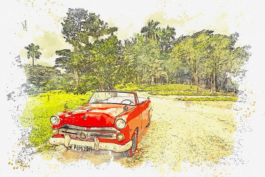 Cuba Oldtimer -  watercolor by Ahmet Asar Painting by Celestial Images