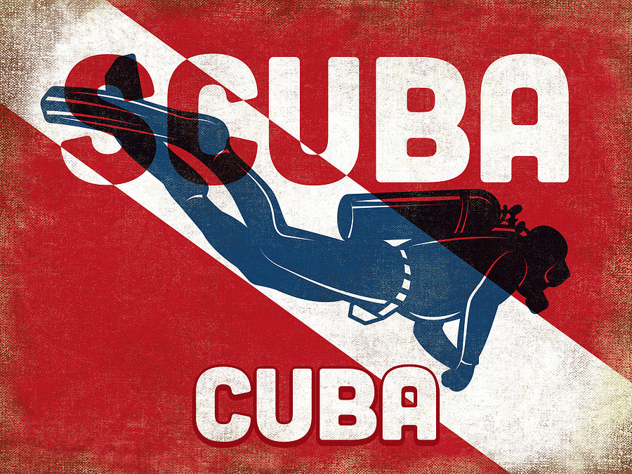 Cuba Digital Art - Cuba Scuba Diver - Blue Retro by Flo Karp