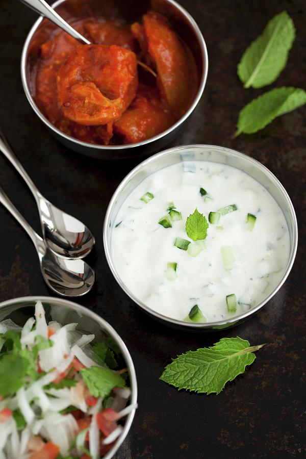 Cucumber And Mint Raita And Onion Salad india Photograph by Jane Saunders