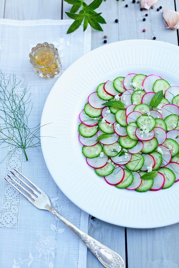 Cucumber And Radish Salad With Fennel And Garlic On A White Plate Photograph by Strokin, Yelena