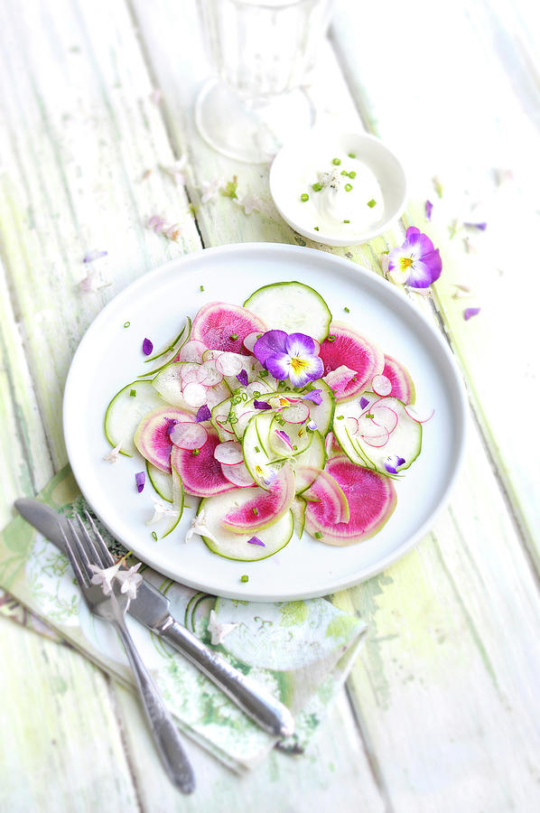 Cucumber, Black And Pink Radish And Edible Flower Salad Photograph by Keroudan