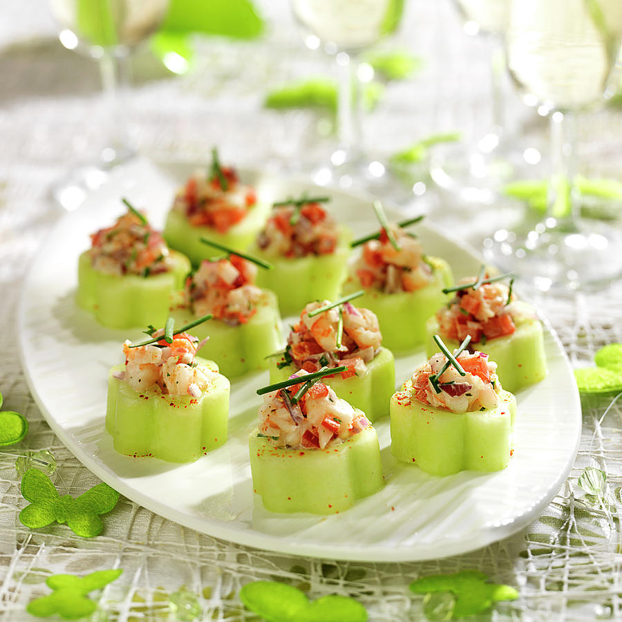 Cucumber Flowers And Shrimp Appetizers Photograph by Bertram