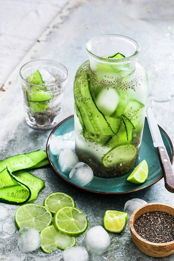 Cucumber Lime And Chia Iced Water Photograph by Maricruz Avalos Flores