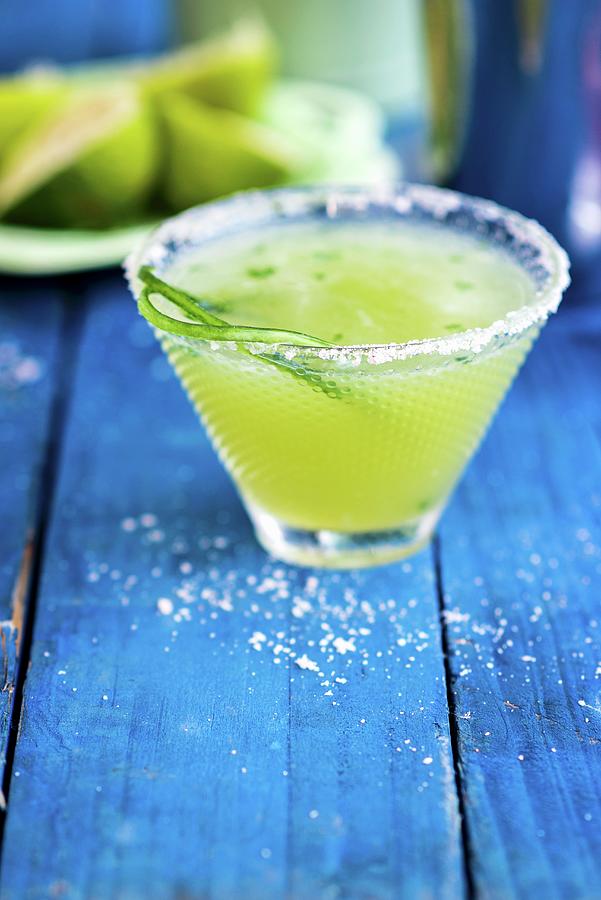 Cucumber Margarita In A Glass With A Salt Rim Photograph by Lucy Parissi
