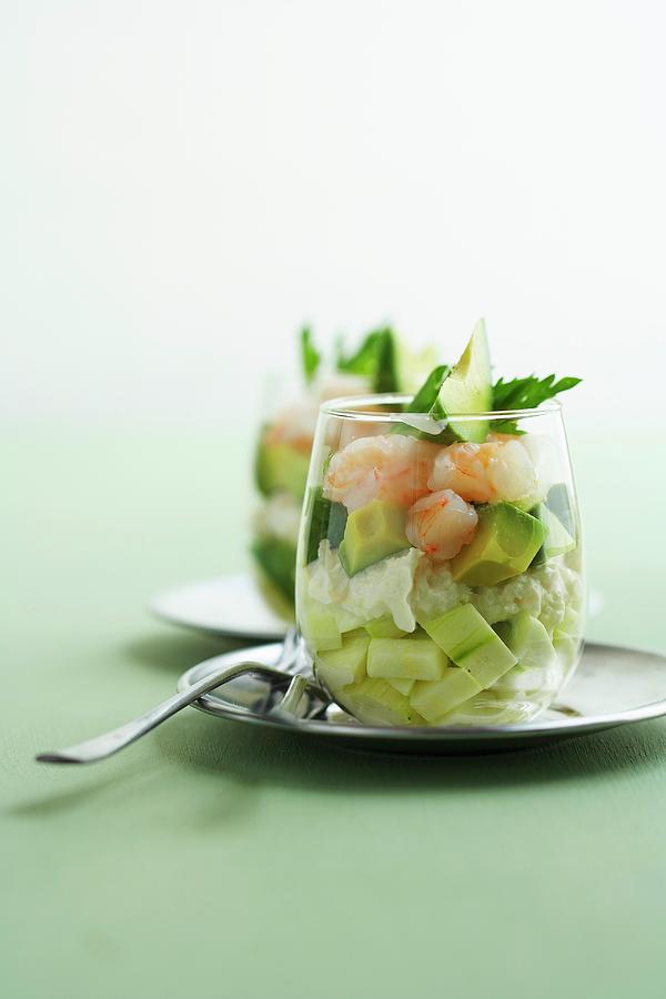 Cucumber Mousse, Avocado And Dublin Bay Prawn Verrine Photograph by Fnot