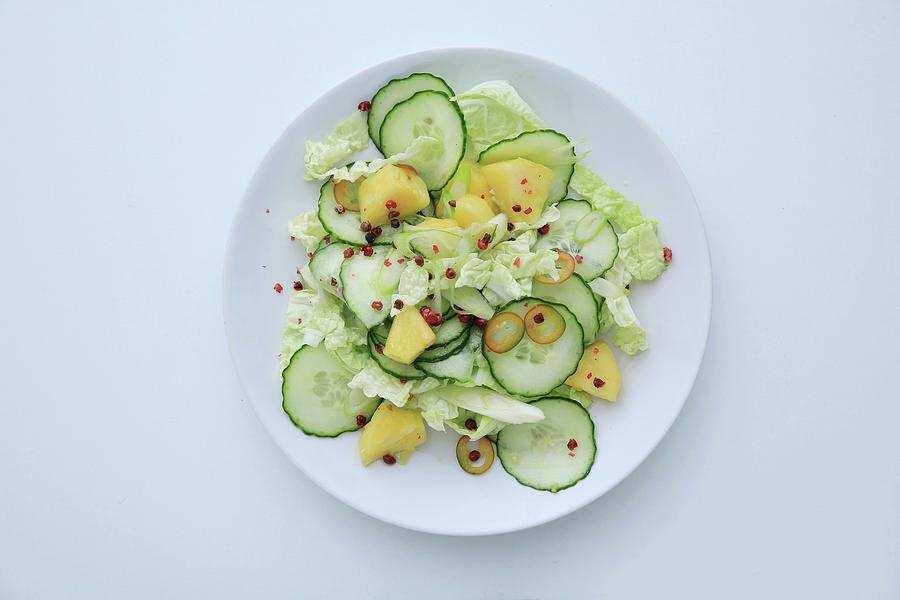 Cucumber Salad With Pineapple And Pink Pepper top View Photograph by Jalag / Stefan Bleschke