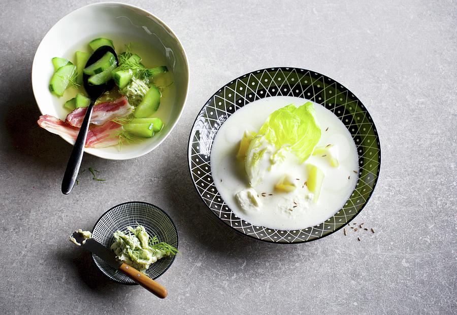 Cucumber Stew With Bacon And Dill Butter And Quark Cream Soup With Lettuce Photograph by Fotos Mit Geschmack Jalag