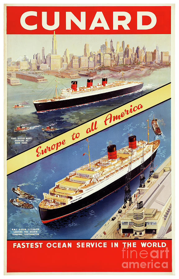 Vintage Drawing - Cunard England Vintage Travel Poster Restored by Vintage Treasure