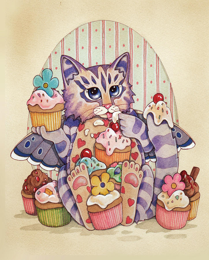 Cats Painting - Cup Cake Kitty by Linda Ravenscroft