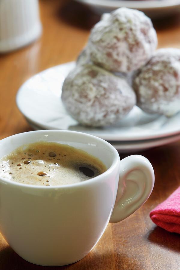 Coffee Photograph - Cup Of Espresso With Mexican Wedding Cookies by Pollak, Katharine