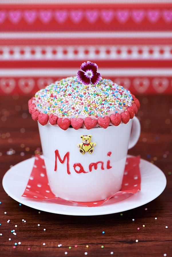 Cupcake For Mothers Day In A Coffee Cup With Red Hearts And A Teddy Bear Photograph by Hugo Monteros