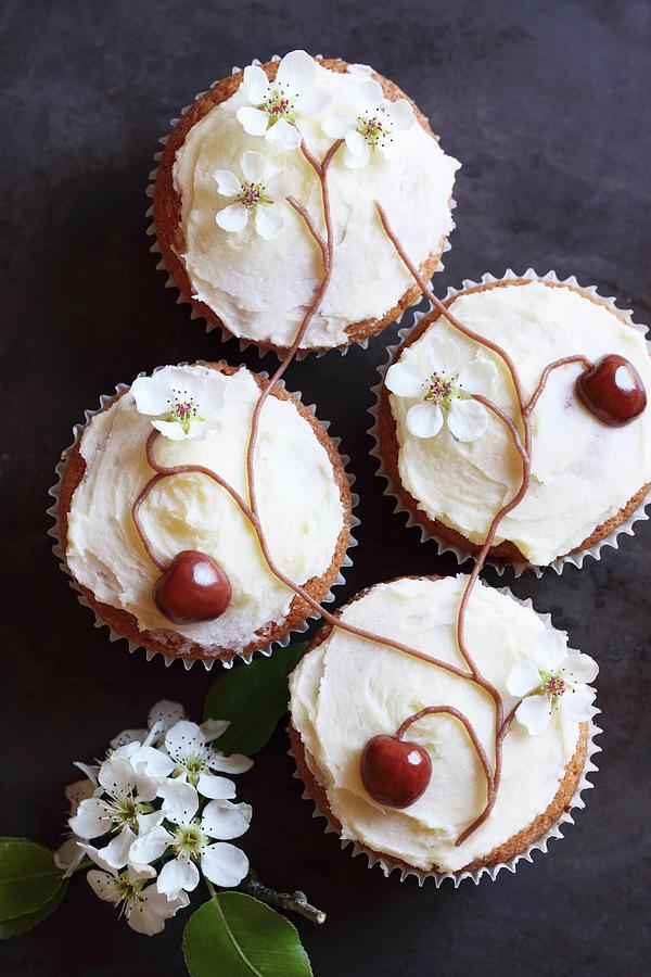 Cupcakes Decorated With Cherries And Cherry Blossom Arranged To Form A Tree Photograph by Lee Parish
