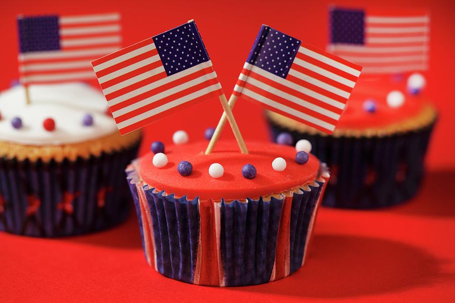 Cupcakes Decorated With Us Flags Photograph by Foodfolio