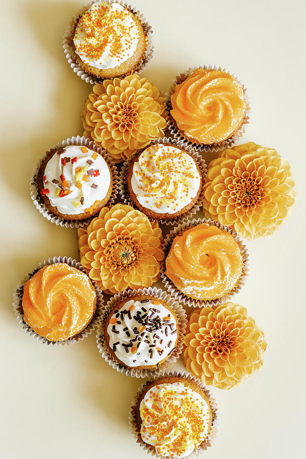 Cupcakes With Vanilla Cream Cheese Frosting Decorated With Sugar Sprinkles In Autumn Style Photograph by Alla Machutt